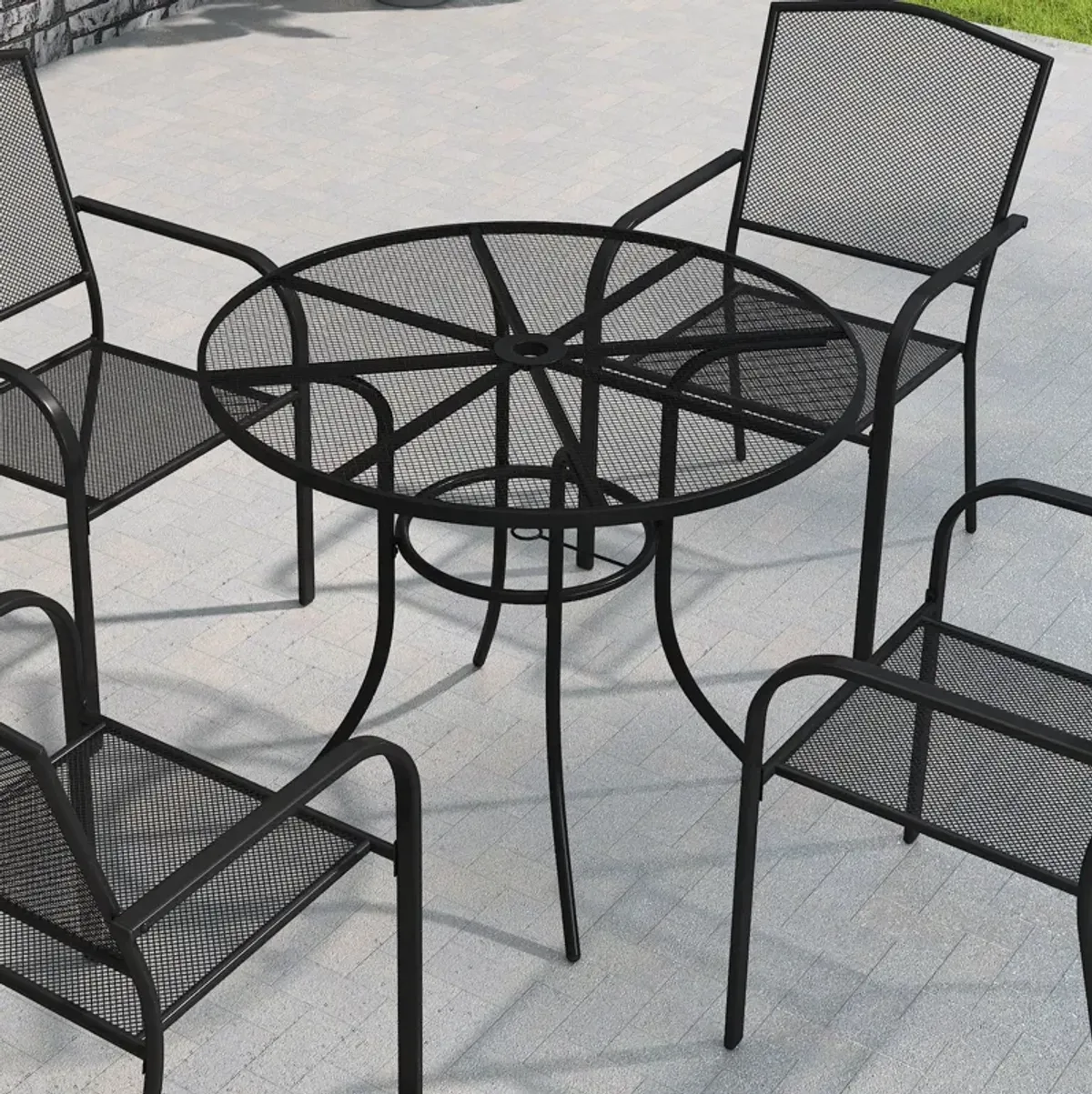 MONDAWE Steel Mesh Table Round Circle Dining Table With Umbrella Hole For Patios