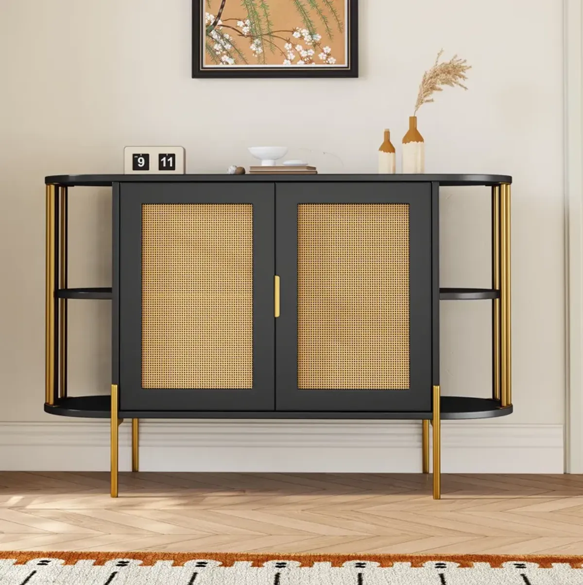 2-Door Elegant Curved Dining Cabinet with Gold Trim and Woven Rattan Doors for Dining Room