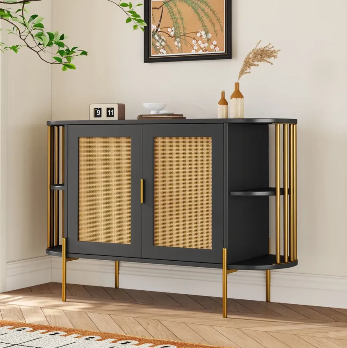 2-Door Elegant Curved Dining Cabinet with Gold Trim and Woven Rattan Doors for Dining Room