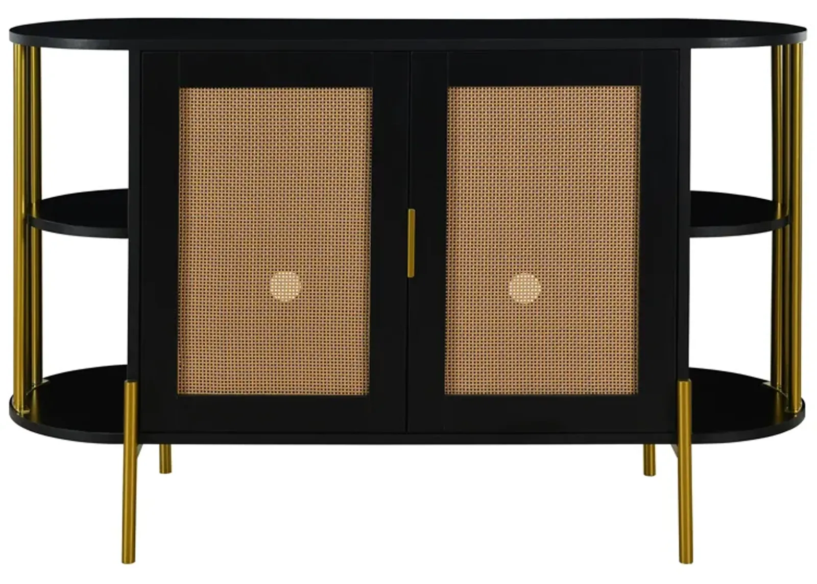 2-Door Elegant Curved Dining Cabinet with Gold Trim and Woven Rattan Doors for Dining Room