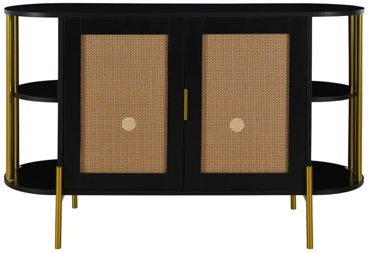 2-Door Elegant Curved Dining Cabinet with Gold Trim and Woven Rattan Doors for Dining Room