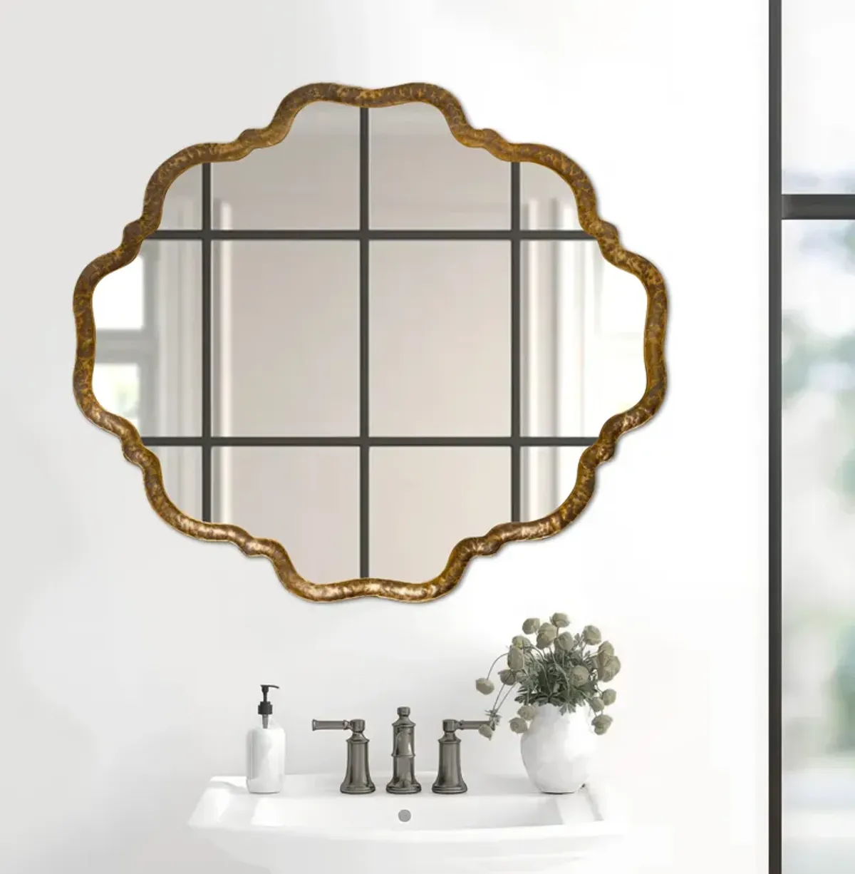 Mirror with Scalloped Design and Metal Frame, Antique Gold - Benzara