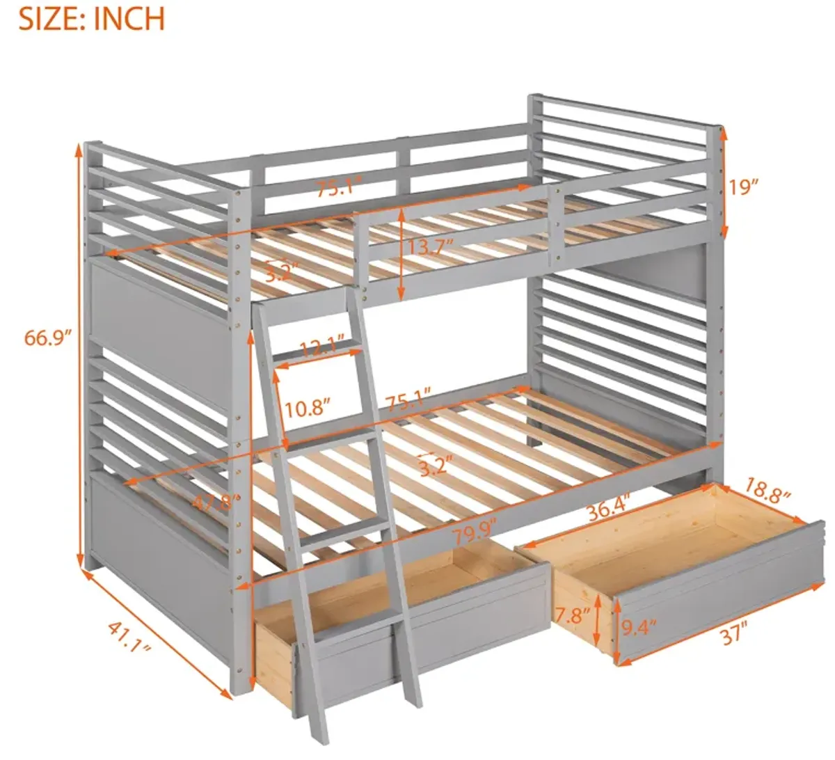 Merax Solid Wood Bunk Bed with Two Storage Drawers