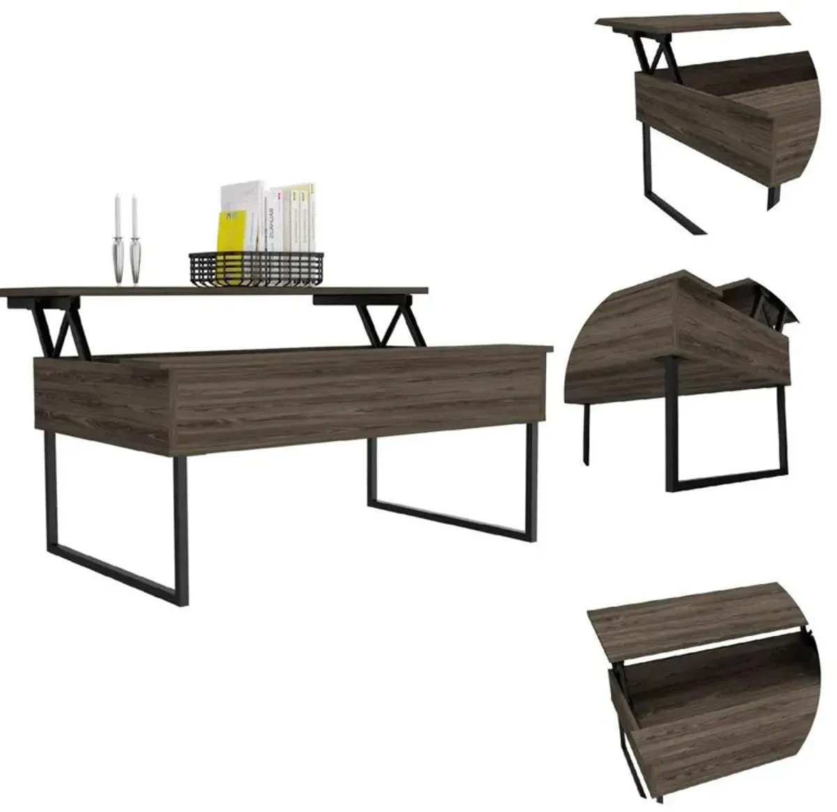 DEPOT E-SHOP Viena Lift Top Coffee Table, Flexible Shelf, Two Legs - Dark Walnut, For Living Room