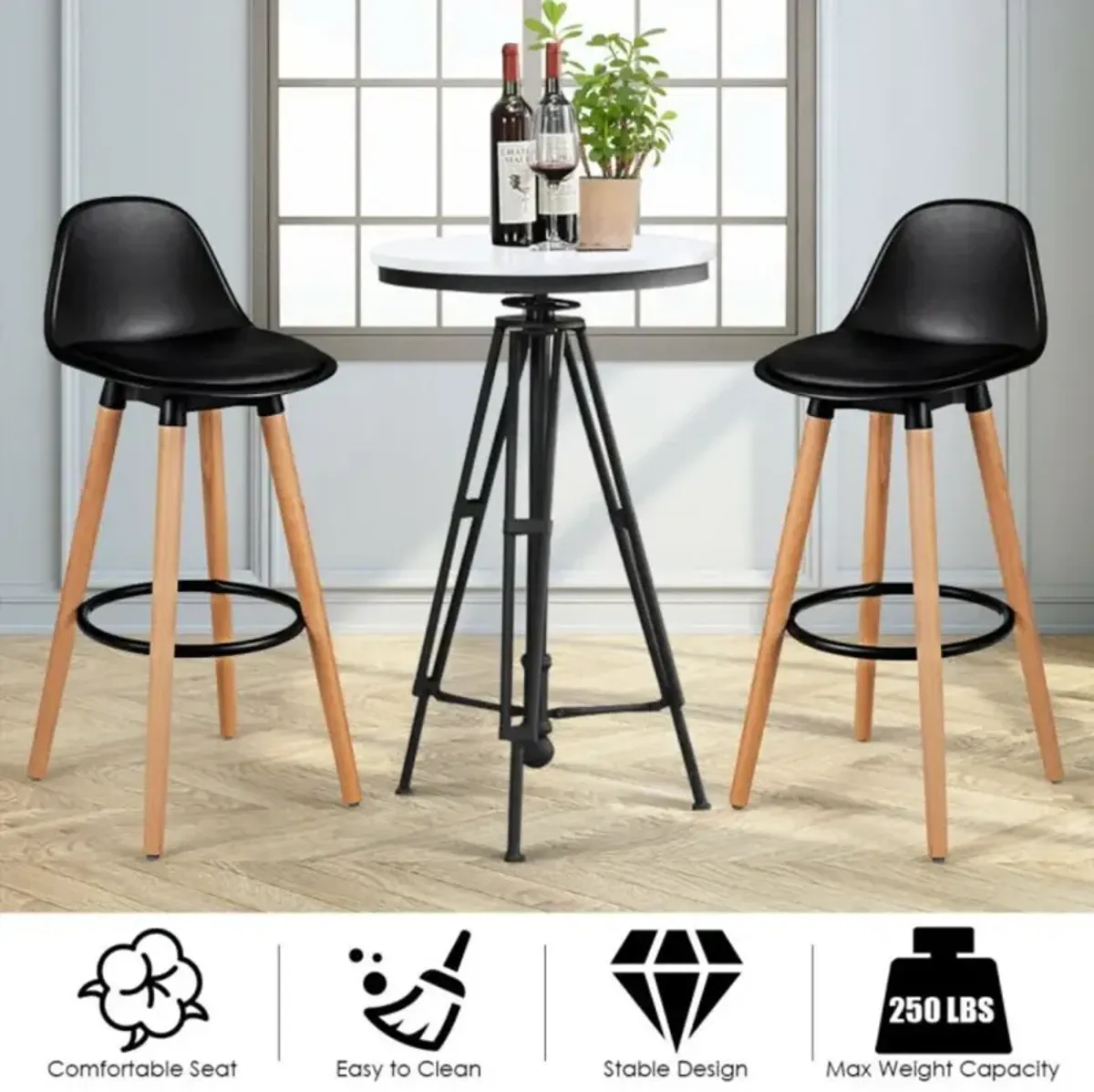 Hivvago 2 Pieces Mid Century Barstool 28.5 Inches Dining Pub Chair-Black