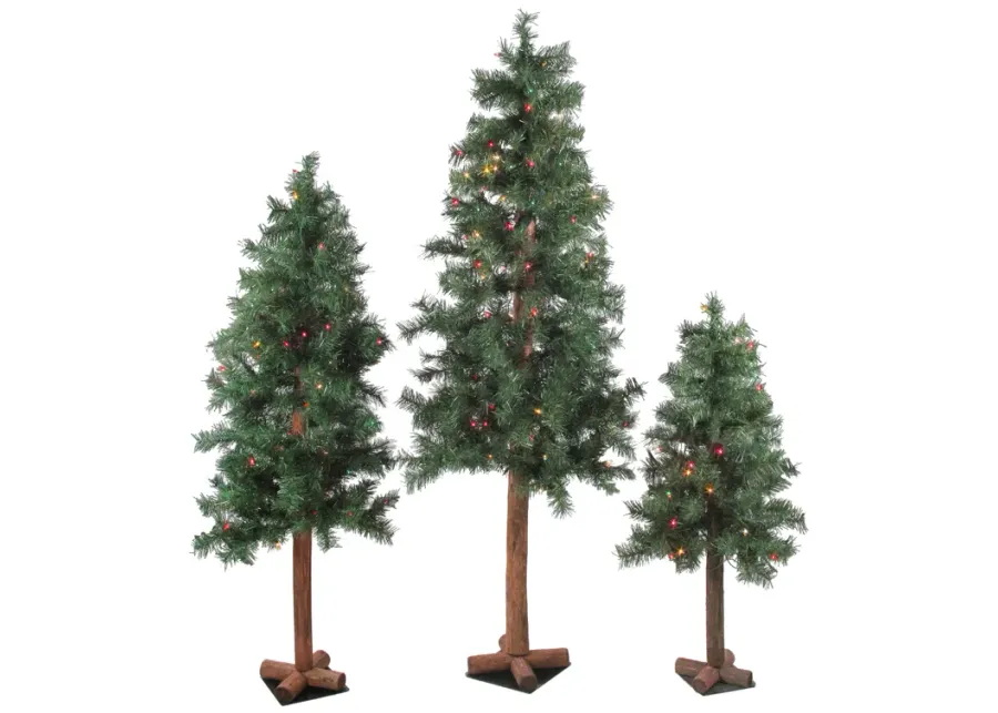 Set of 3 Pre-Lit Slim Woodland Alpine Artificial Christmas Trees 5' - Multicolor Lights