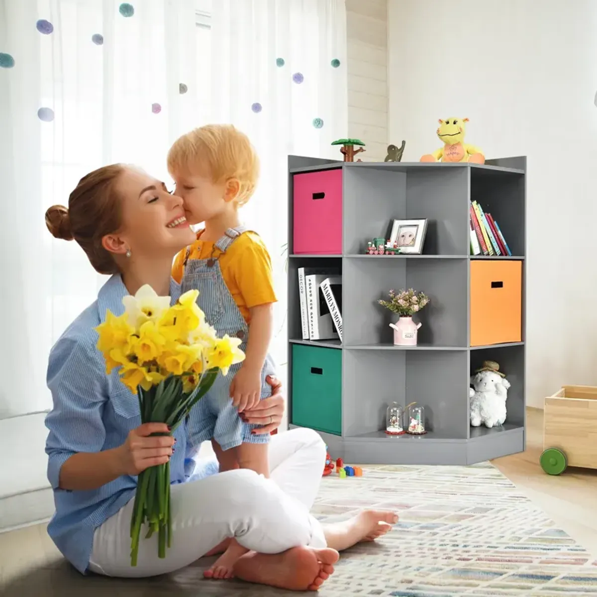 3-Tier Kids Storage Shelf Corner Cabinet with 3 Baskets