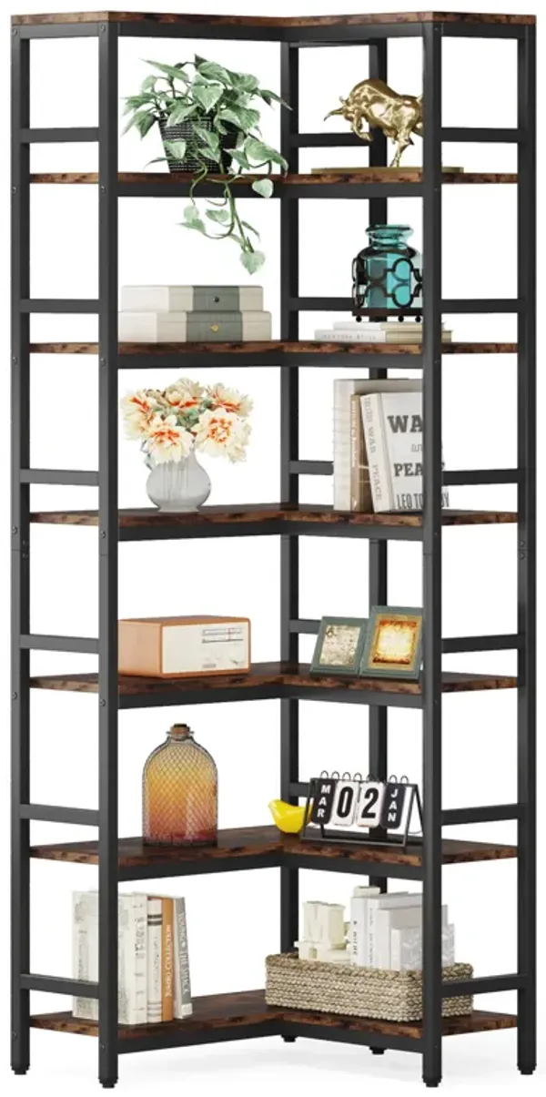 78.74'Tall Corner Shelf, 7 Tier Industrial Corner Bookcase Storage Display Shelves for Living Room Home Office, Rustic Brown