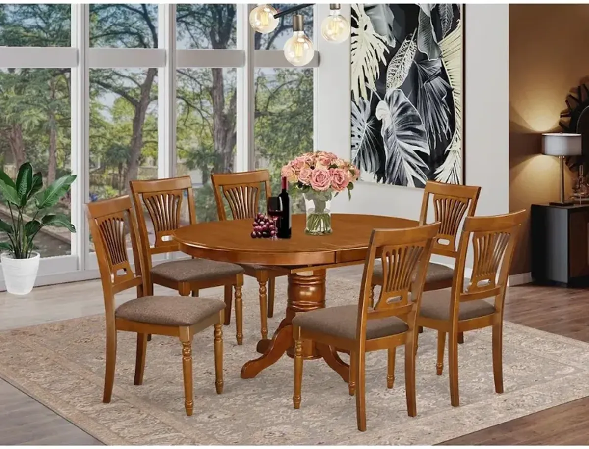 East West Furniture AVPL7-SBR-C 7 PcAvon Dining Table featuring Leaf and 6 Fabric Seat Chairs in Saddle Brown .