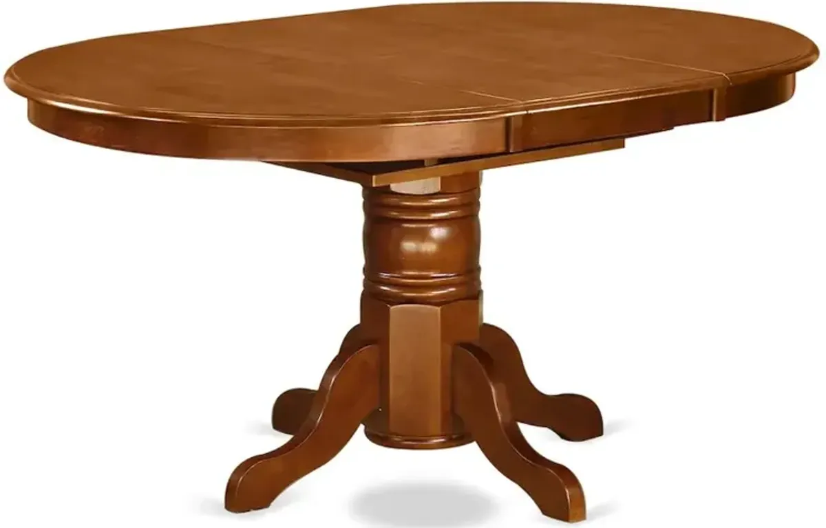 East West Furniture AVPL7-SBR-C 7 PcAvon Dining Table featuring Leaf and 6 Fabric Seat Chairs in Saddle Brown .