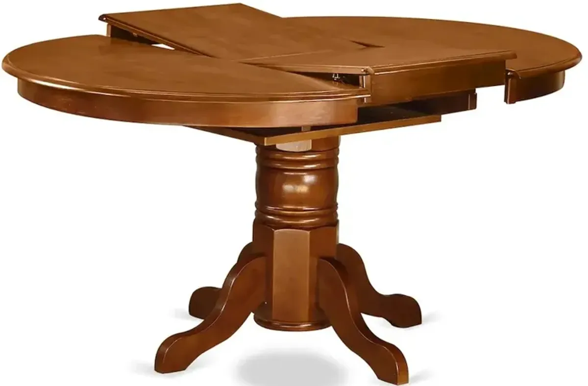 East West Furniture AVPL7-SBR-C 7 PcAvon Dining Table featuring Leaf and 6 Fabric Seat Chairs in Saddle Brown .