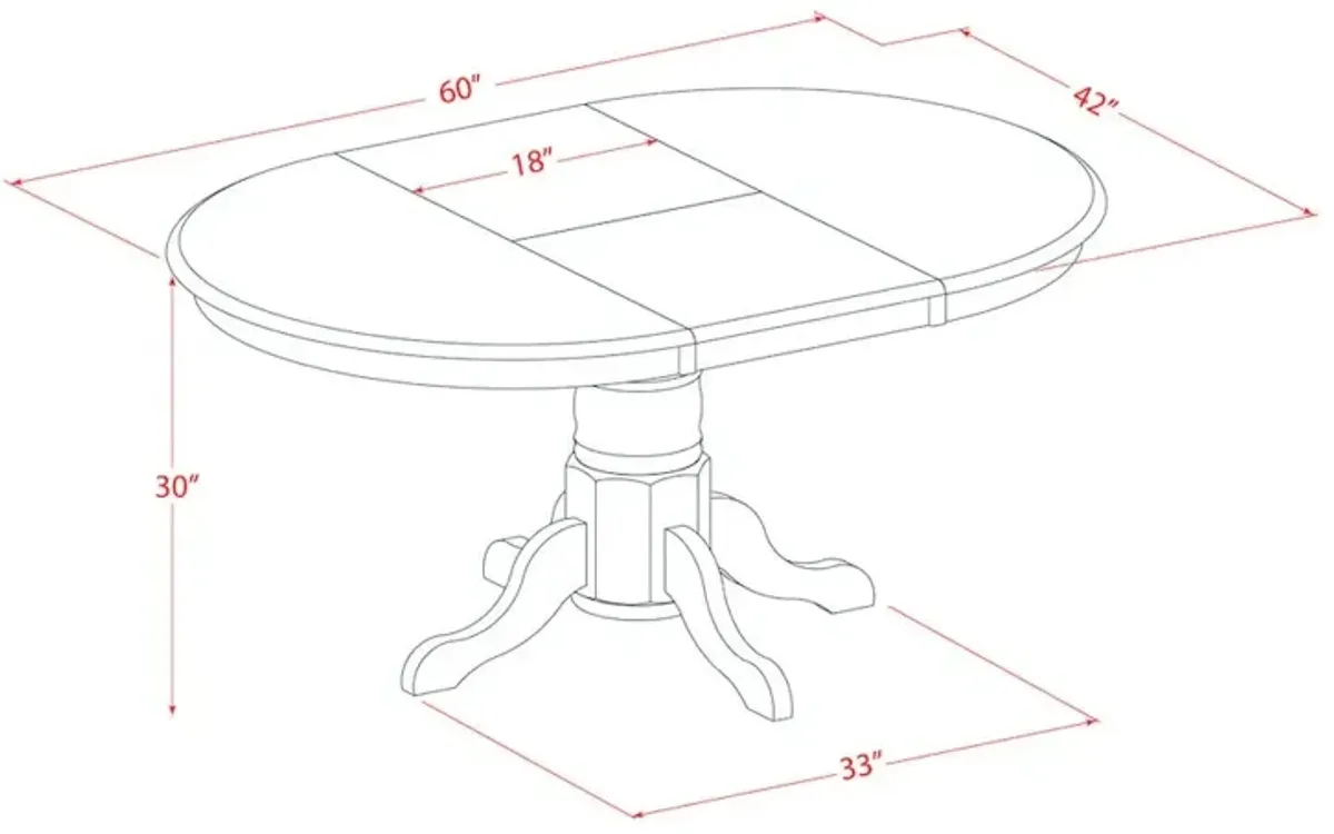 East West Furniture AVPL7-SBR-C 7 PcAvon Dining Table featuring Leaf and 6 Fabric Seat Chairs in Saddle Brown .