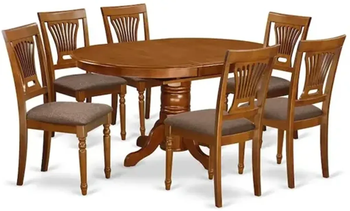 East West Furniture AVPL7-SBR-C 7 PcAvon Dining Table featuring Leaf and 6 Fabric Seat Chairs in Saddle Brown .