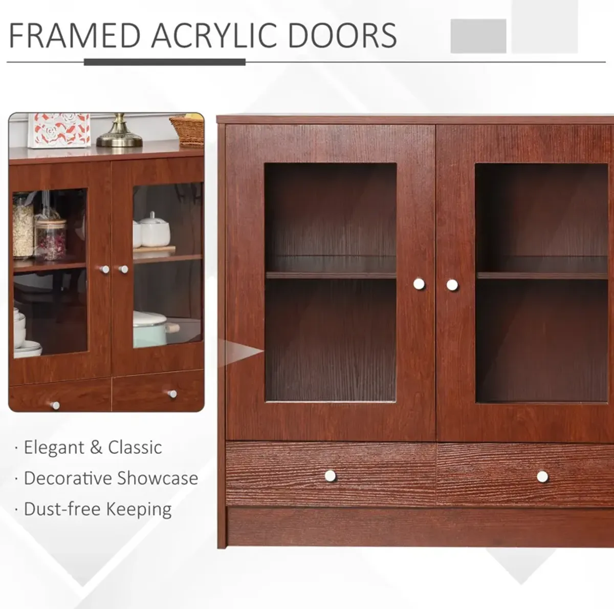 Brown Kitchen Storage: Buffet Cabinet with Framed Acrylic Doors