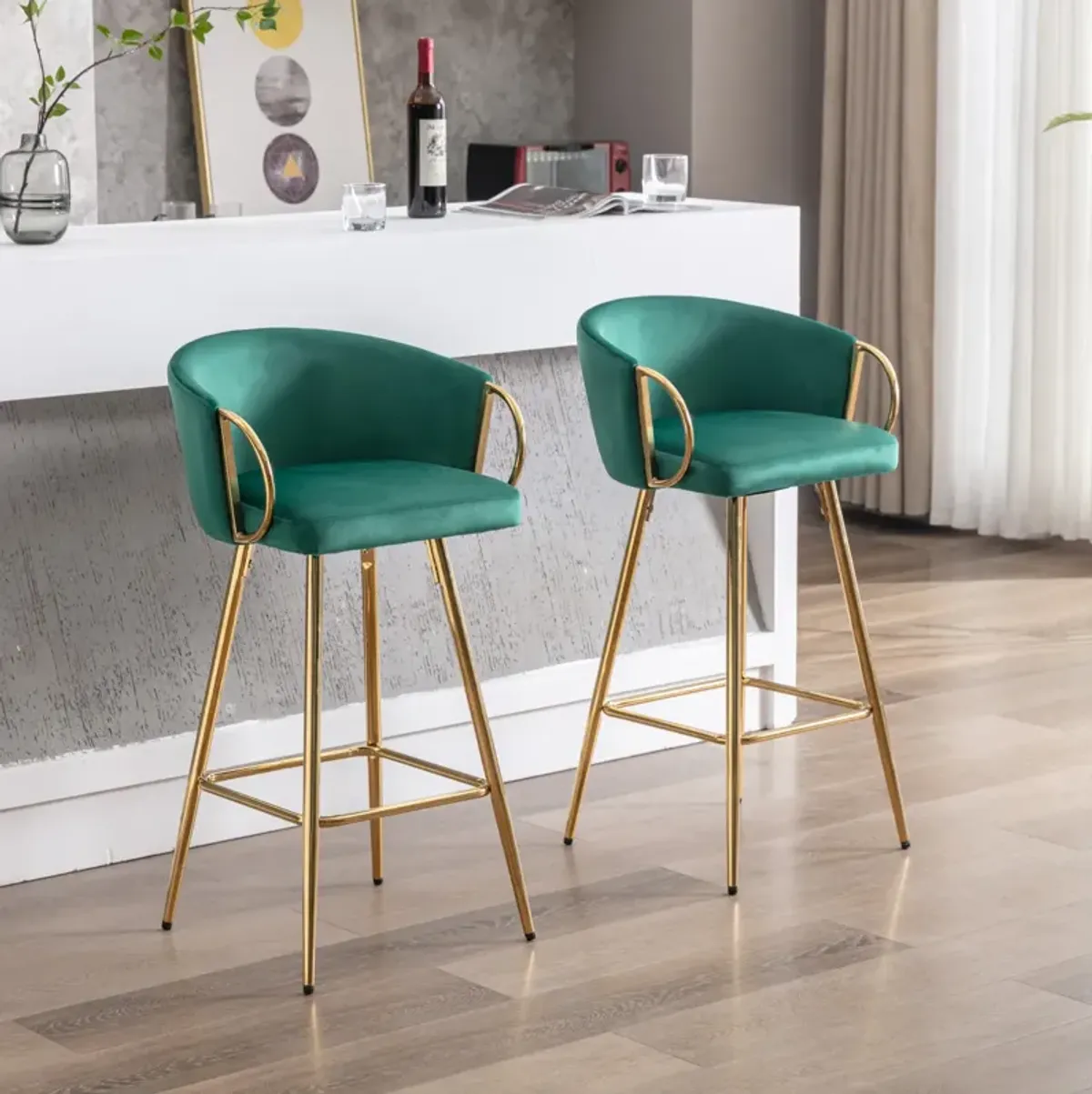 Set of 2 Green Velvet Bar Stools with Chrome Base