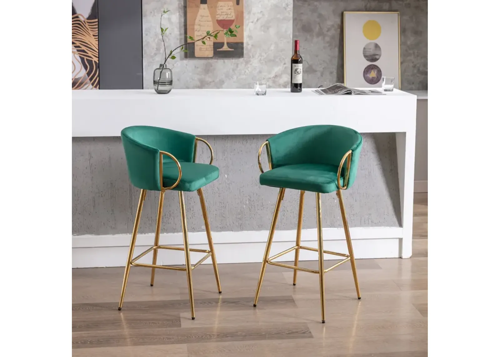 Set of 2 Green Velvet Bar Stools with Chrome Base