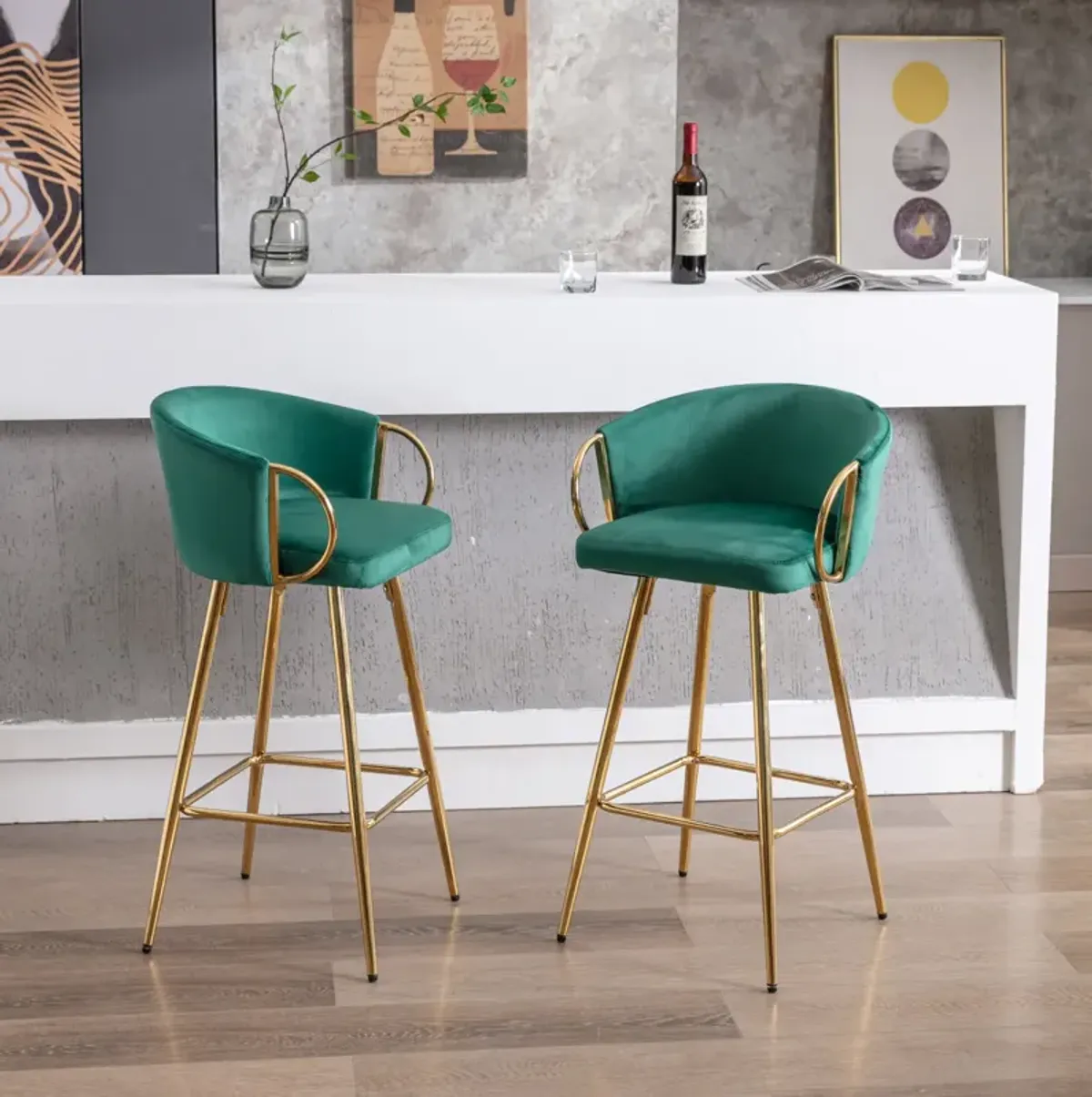 Set of 2 Green Velvet Bar Stools with Chrome Base