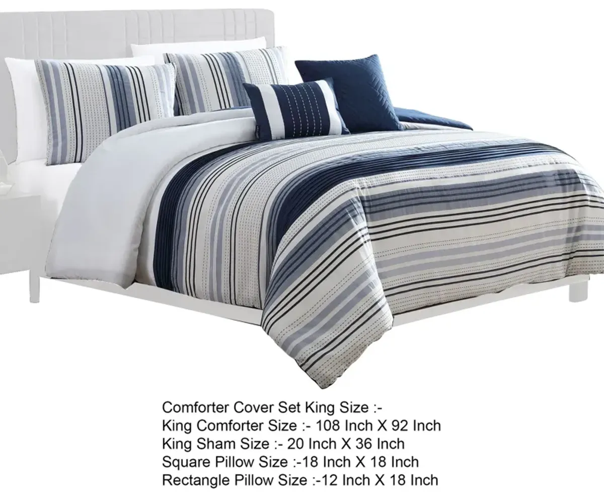 Alfa 5 Piece King Comforter Set, Jacquard Woven Stripes, Blue, White - Benzara