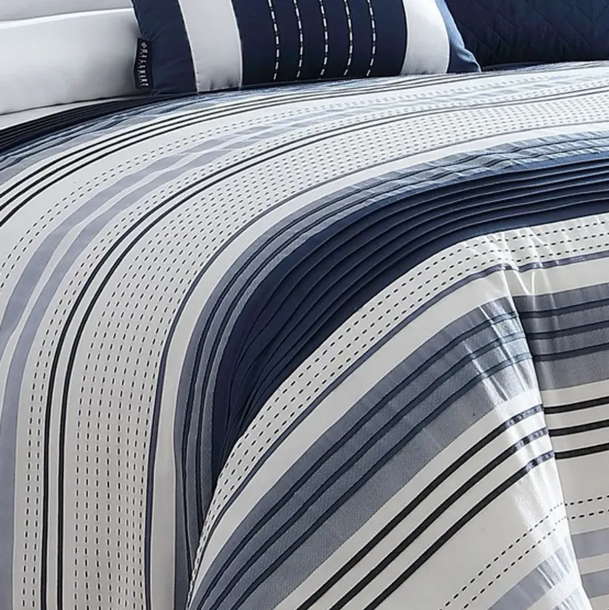 Alfa 5 Piece King Comforter Set, Jacquard Woven Stripes, Blue, White - Benzara