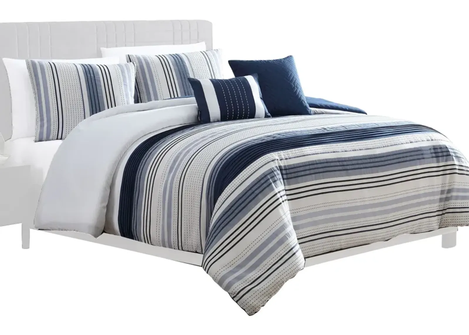 Alfa 5 Piece King Comforter Set, Jacquard Woven Stripes, Blue, White - Benzara