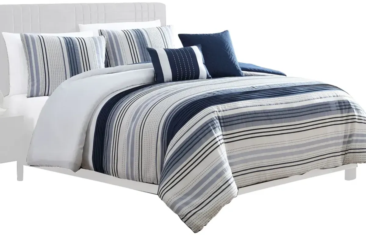 Alfa 5 Piece King Comforter Set, Jacquard Woven Stripes, Blue, White - Benzara