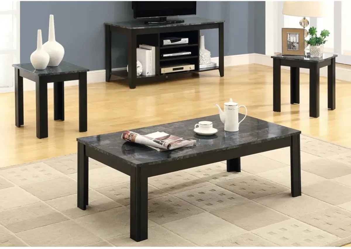 Monarch Specialties I 7843P Table Set, 3pcs Set, Coffee, End, Side, Accent, Living Room, Laminate, Grey Marble Look, Black, Transitional