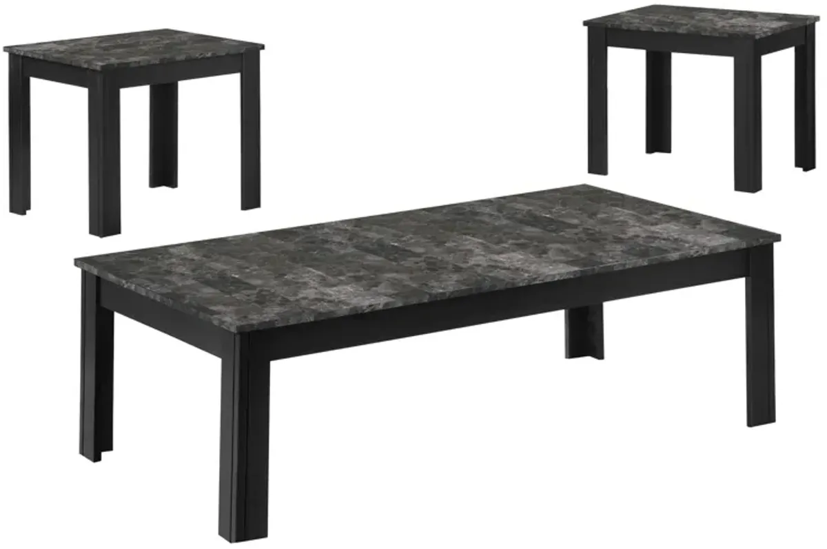 Monarch Specialties I 7843P Table Set, 3pcs Set, Coffee, End, Side, Accent, Living Room, Laminate, Grey Marble Look, Black, Transitional