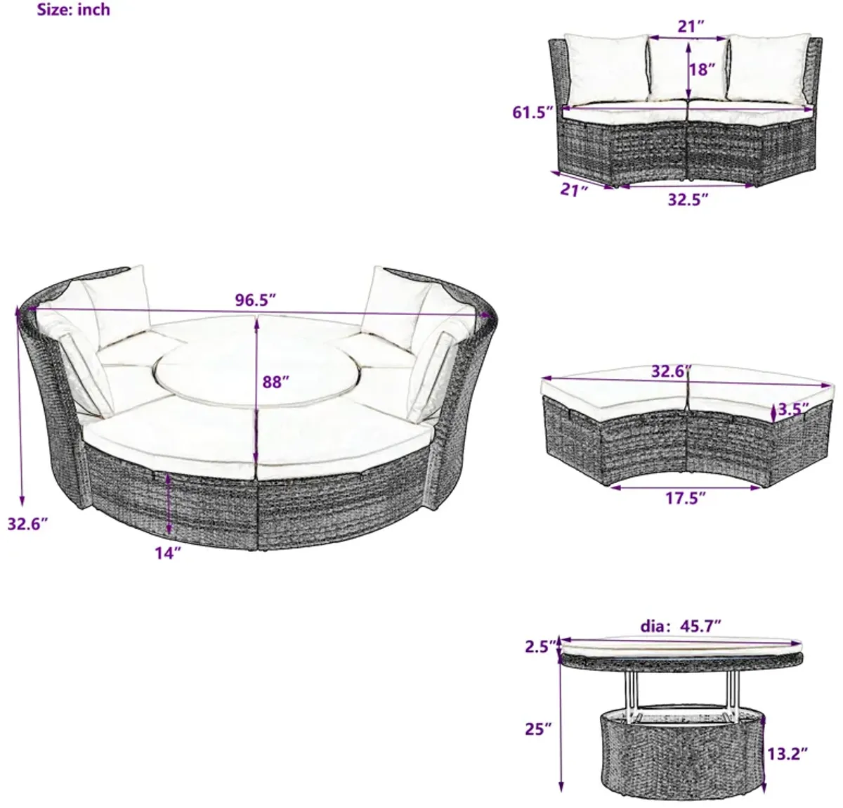 Merax 5-Piece Round Rattan Sectional Sofa Set