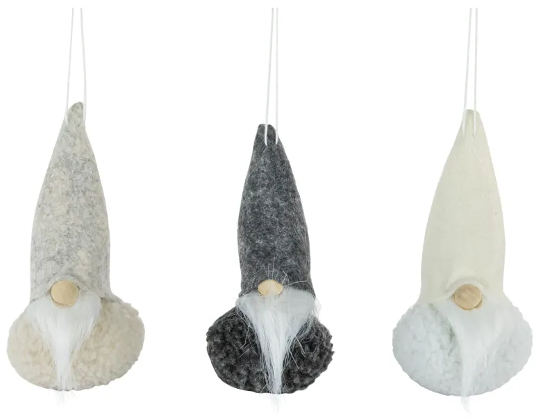 Set of 3 Gray and Cream Plush Gnomes Christmas Ornaments 4.75"