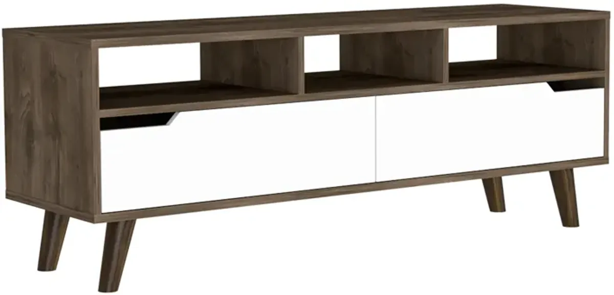 Oslo Tv Stand for TV�s up 51", Two  Drawers, Four Legs, Three Open Shelves -Dark Brown / White