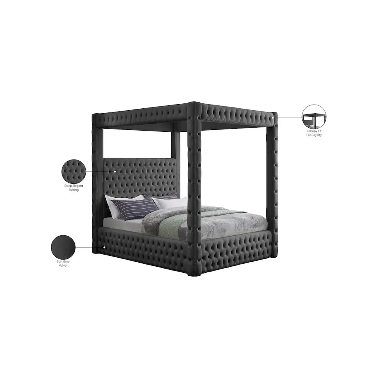 Meridian Furniture Royal Grey Velvet Queen Bed