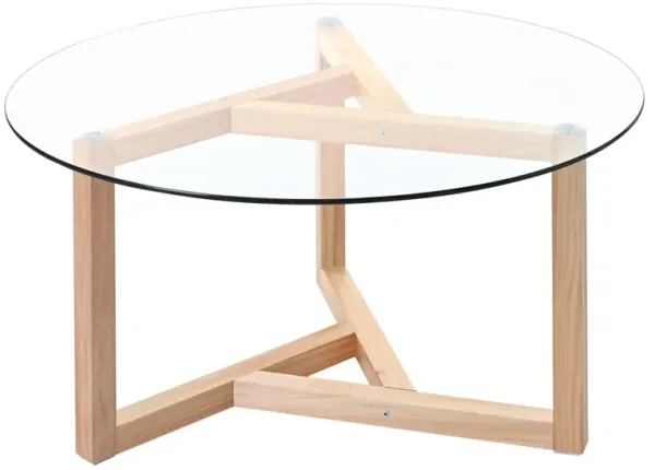 Round Glass Coffee Table with Tempered Glass Top & Sturdy Wood Base
