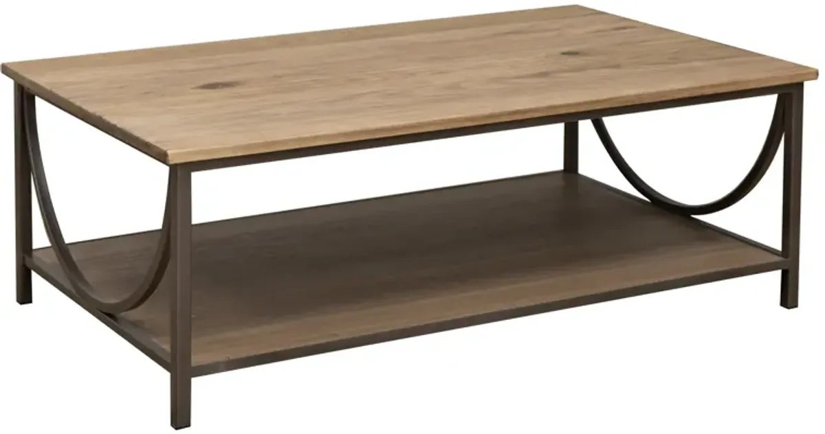 Dria Coffee Table, Bottom Shelf, 50 Inch Brown Solid Wood Top, Arc Base