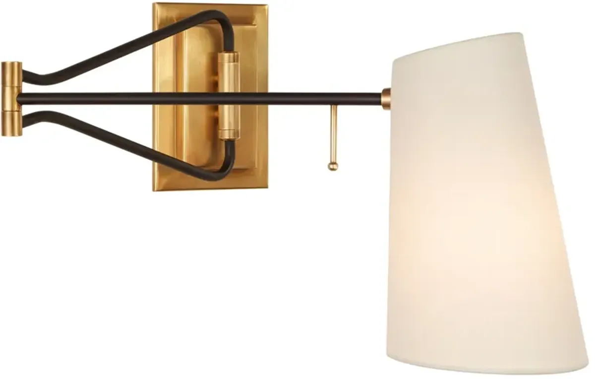 Keil Swing Arm Wall Light in Hand-Rubbed Antique Brass and Black with Linen Shade