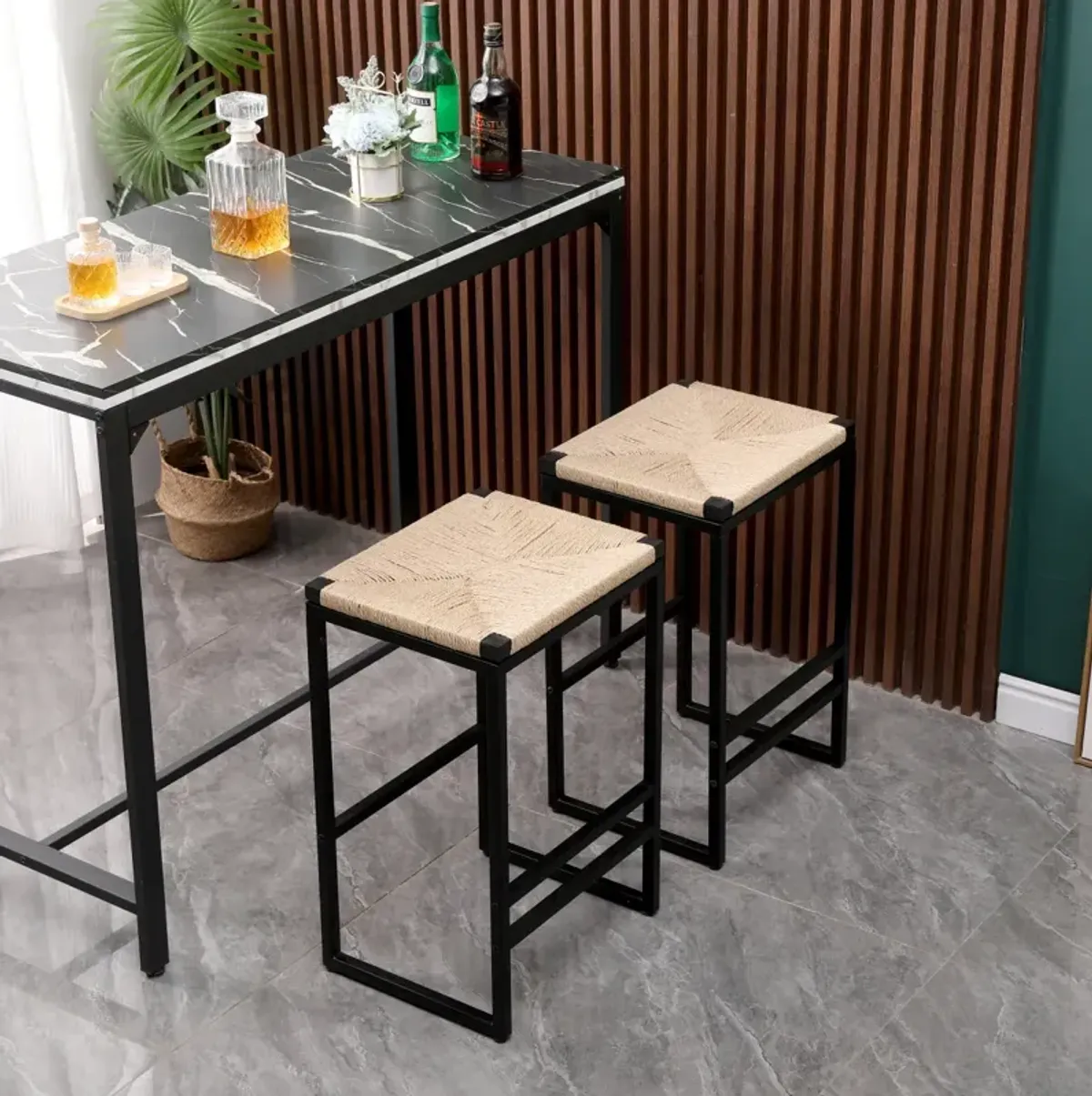 2 Backless Bar Stools in Paper Rope Woven Chairs