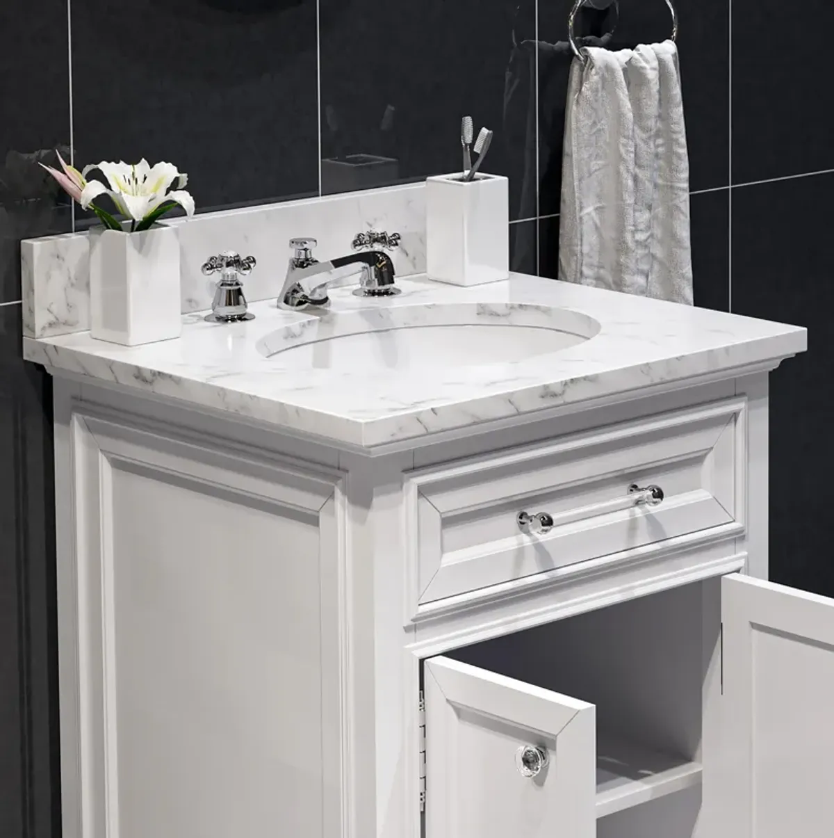 Derby 24 In. Single Sink Carrara White Marble Countertop Bath Vanity In Pure White