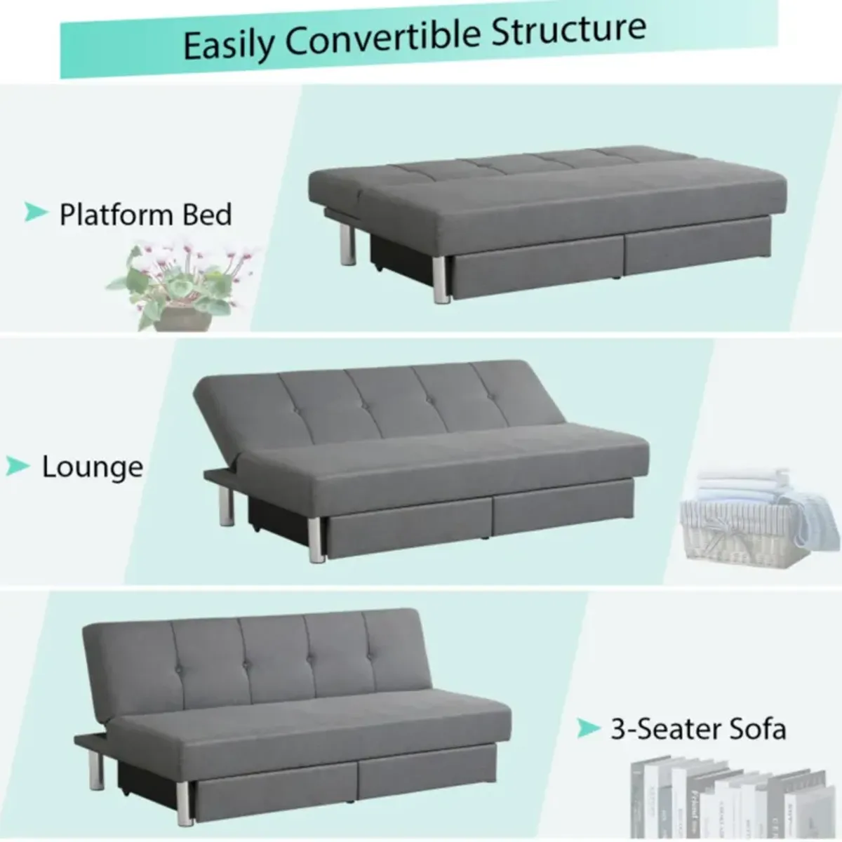 Hivvago 3-Seat Convertible Sofa Bed with 2 Large Drawers and 3 Adjustable Angles