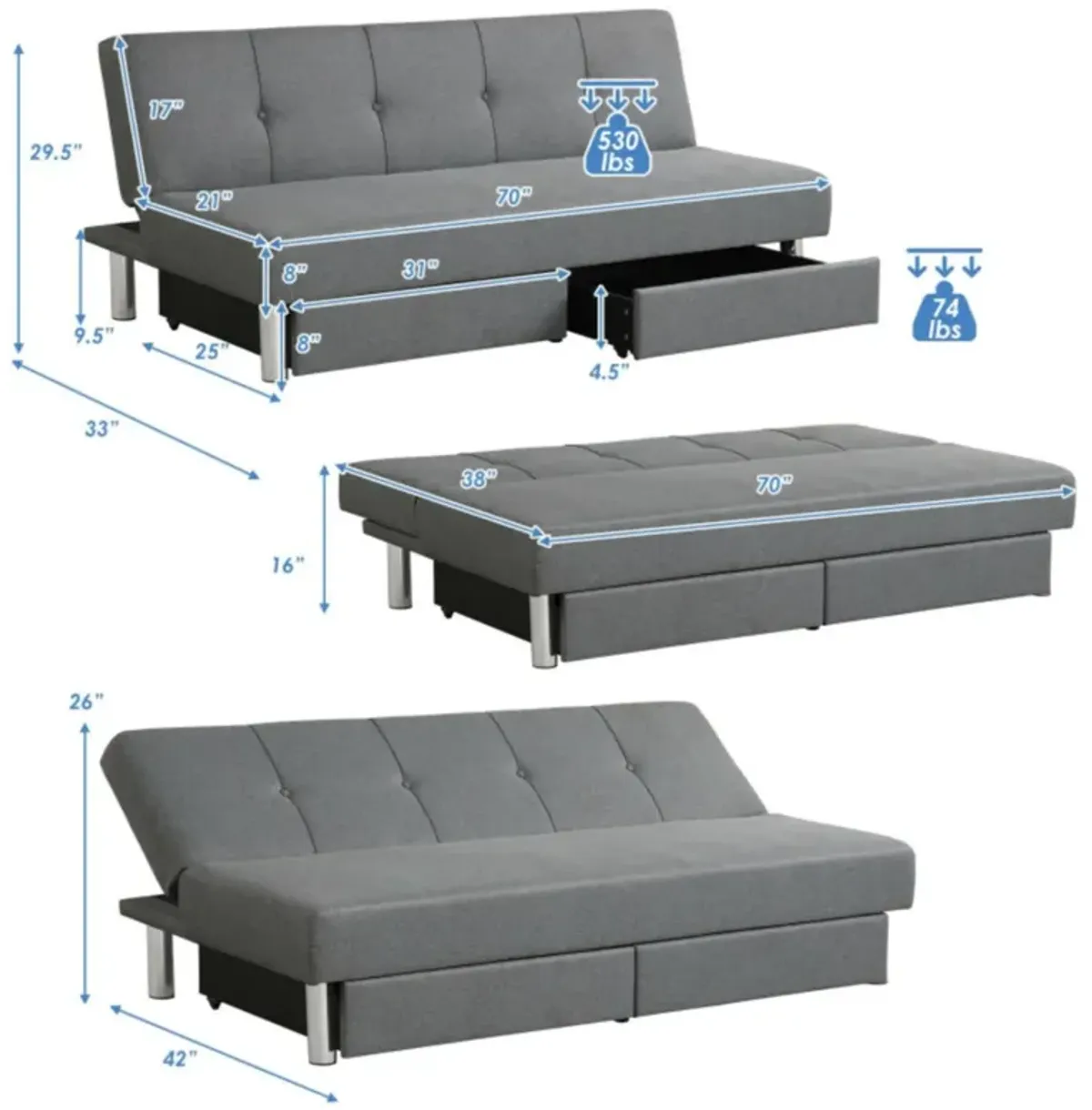 Hivvago 3-Seat Convertible Sofa Bed with 2 Large Drawers and 3 Adjustable Angles