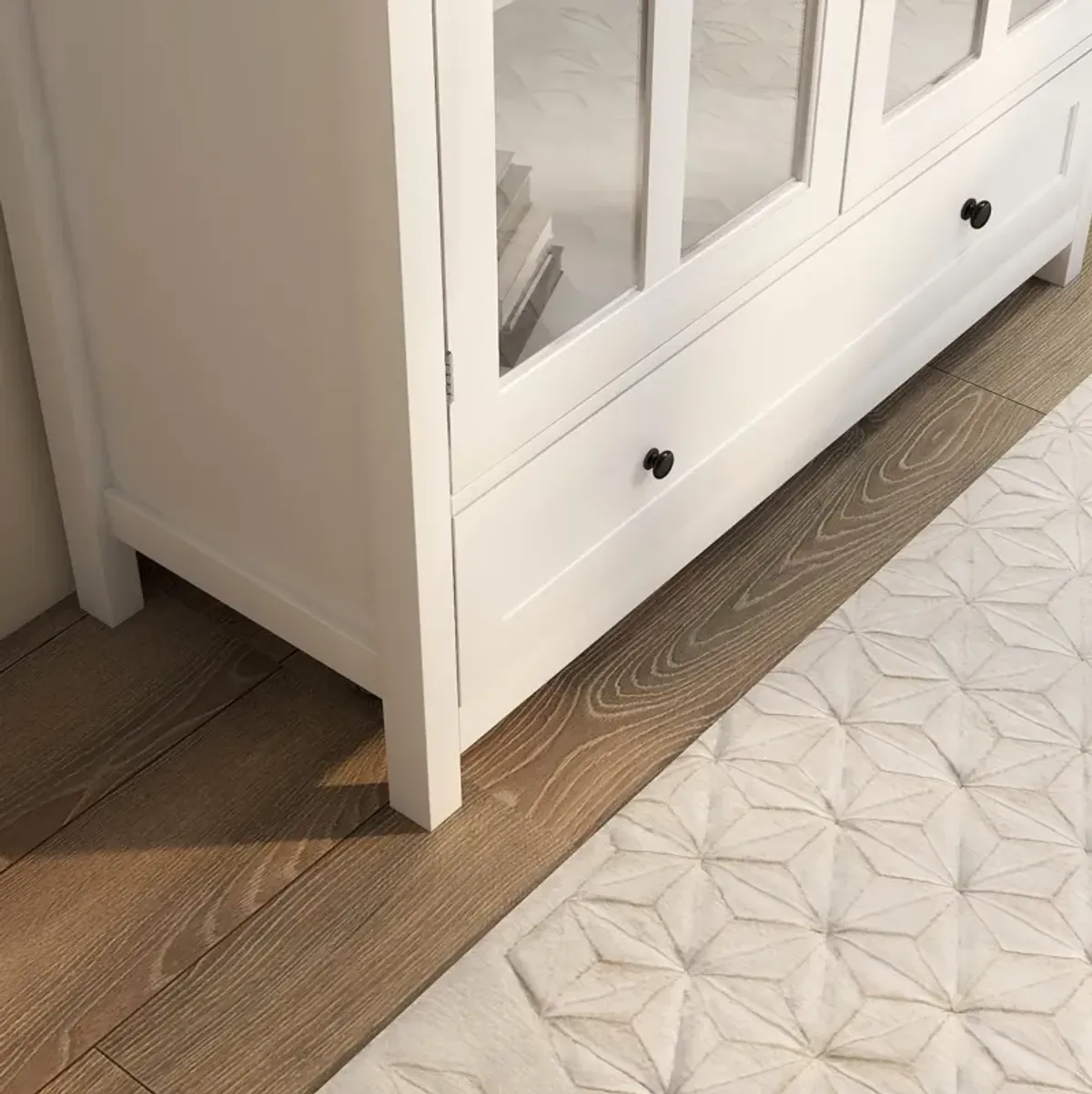 Buffet Storage Cabinet With Double Glass Doors And Unique Bell Handle