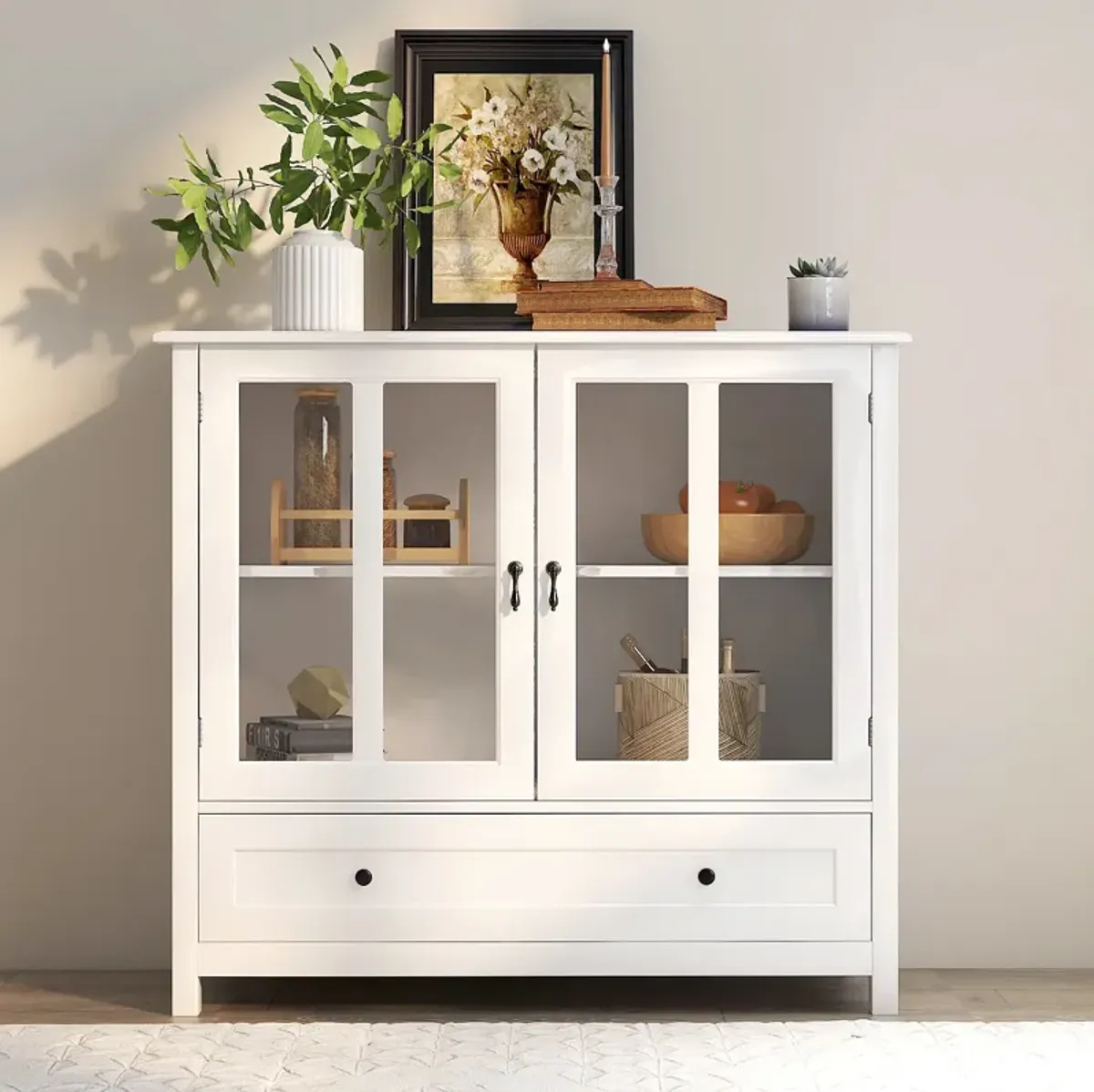 Buffet Storage Cabinet With Double Glass Doors And Unique Bell Handle