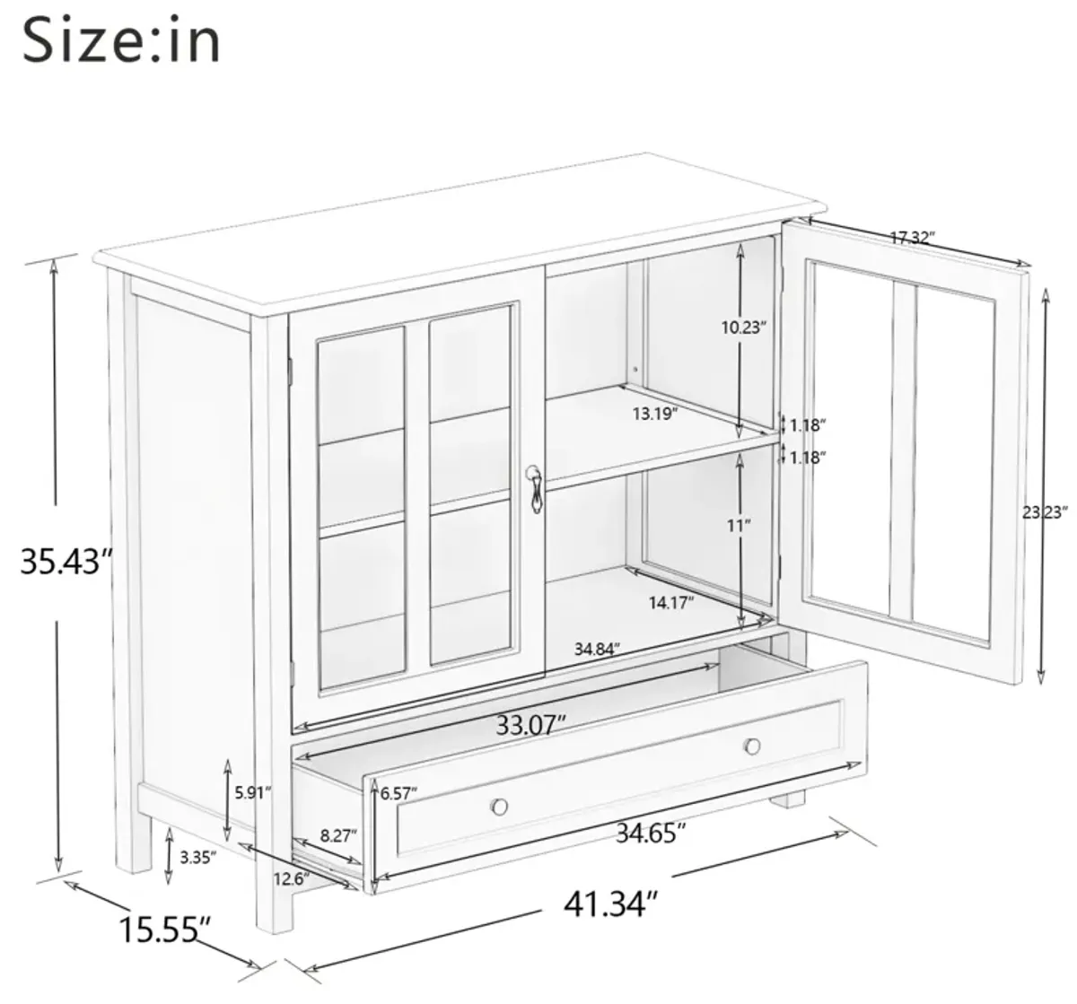 Buffet Storage Cabinet With Double Glass Doors And Unique Bell Handle