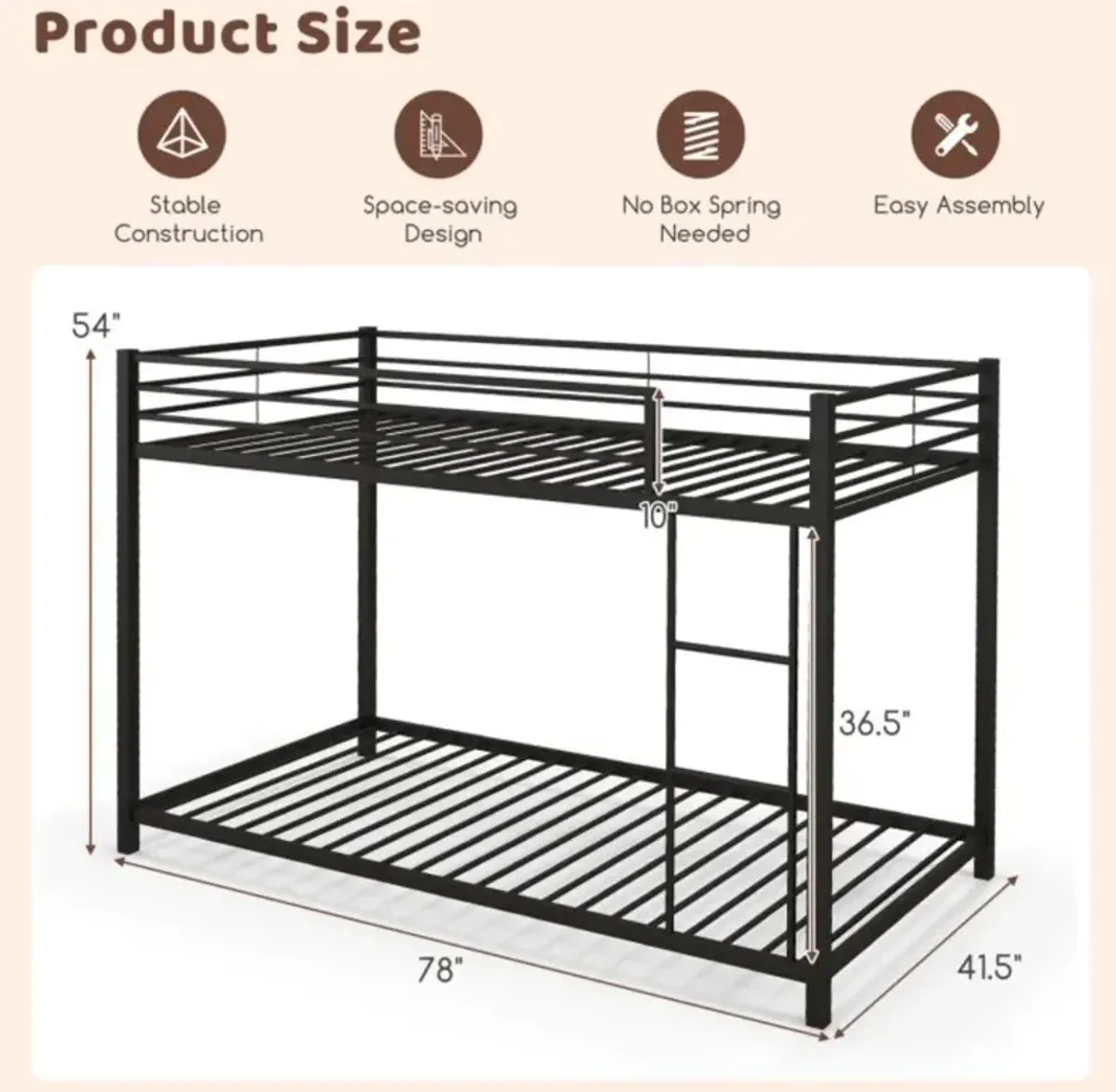 Low Profile Twin Over Twin Metal Bunk Bed with Full-length Guardrails-Black