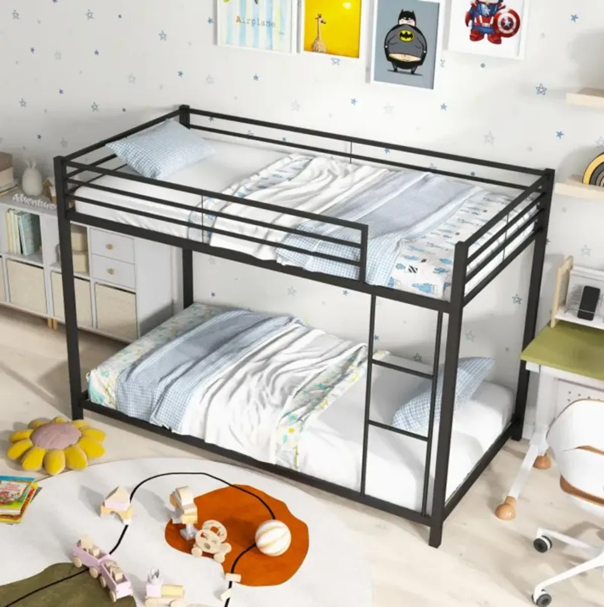 Low Profile Twin Over Twin Metal Bunk Bed with Full-length Guardrails-Black