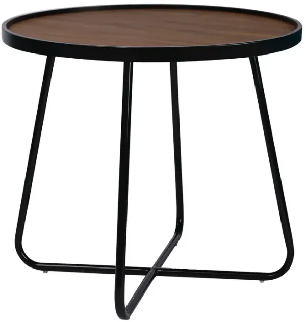 Lei 24 Inch Side End Table, Round Top, Black Metal Cross Base, Walnut Brown - Benzara