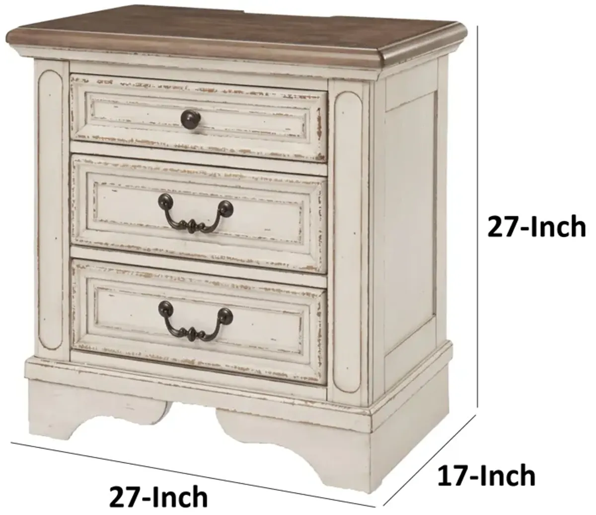 Beny 27 Inch Nightstand with 3 Drawers, Black Handles, White Wood Finish - Benzara