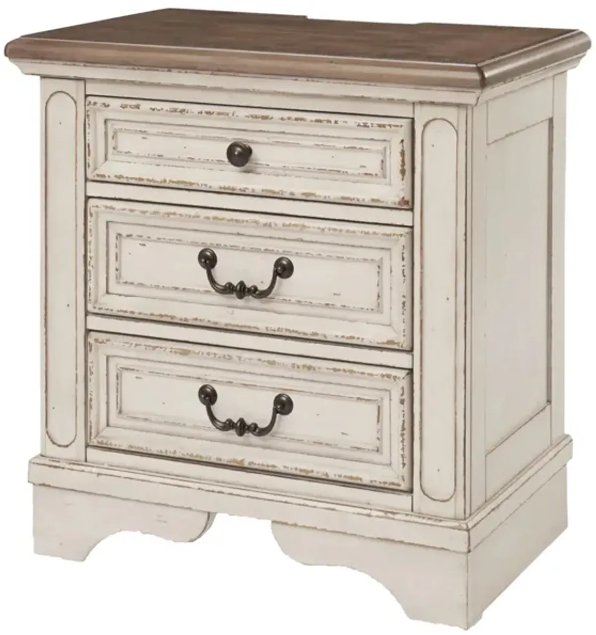 Beny 27 Inch Nightstand with 3 Drawers, Black Handles, White Wood Finish - Benzara