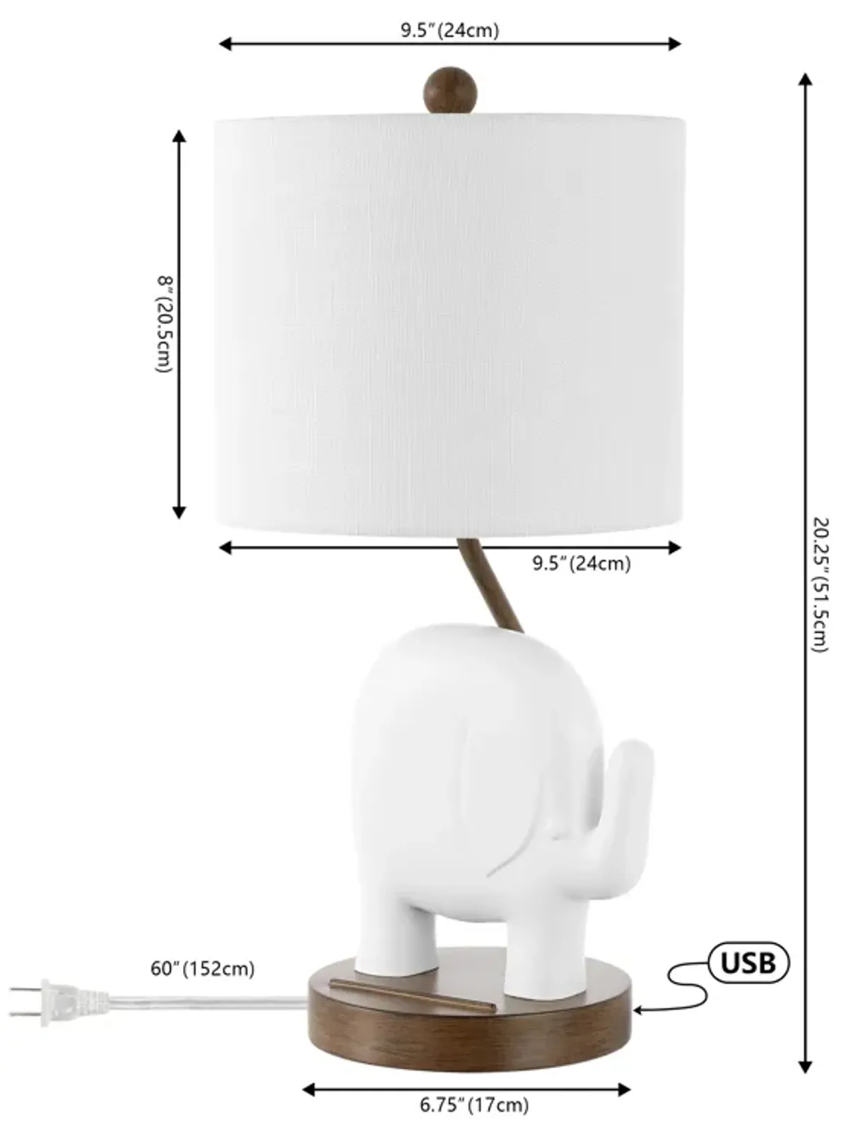 Ellie Bohemian Designer Iron/Resin Elephant LED Kids' Table Lamp with Phone Stand and USB Charging Port