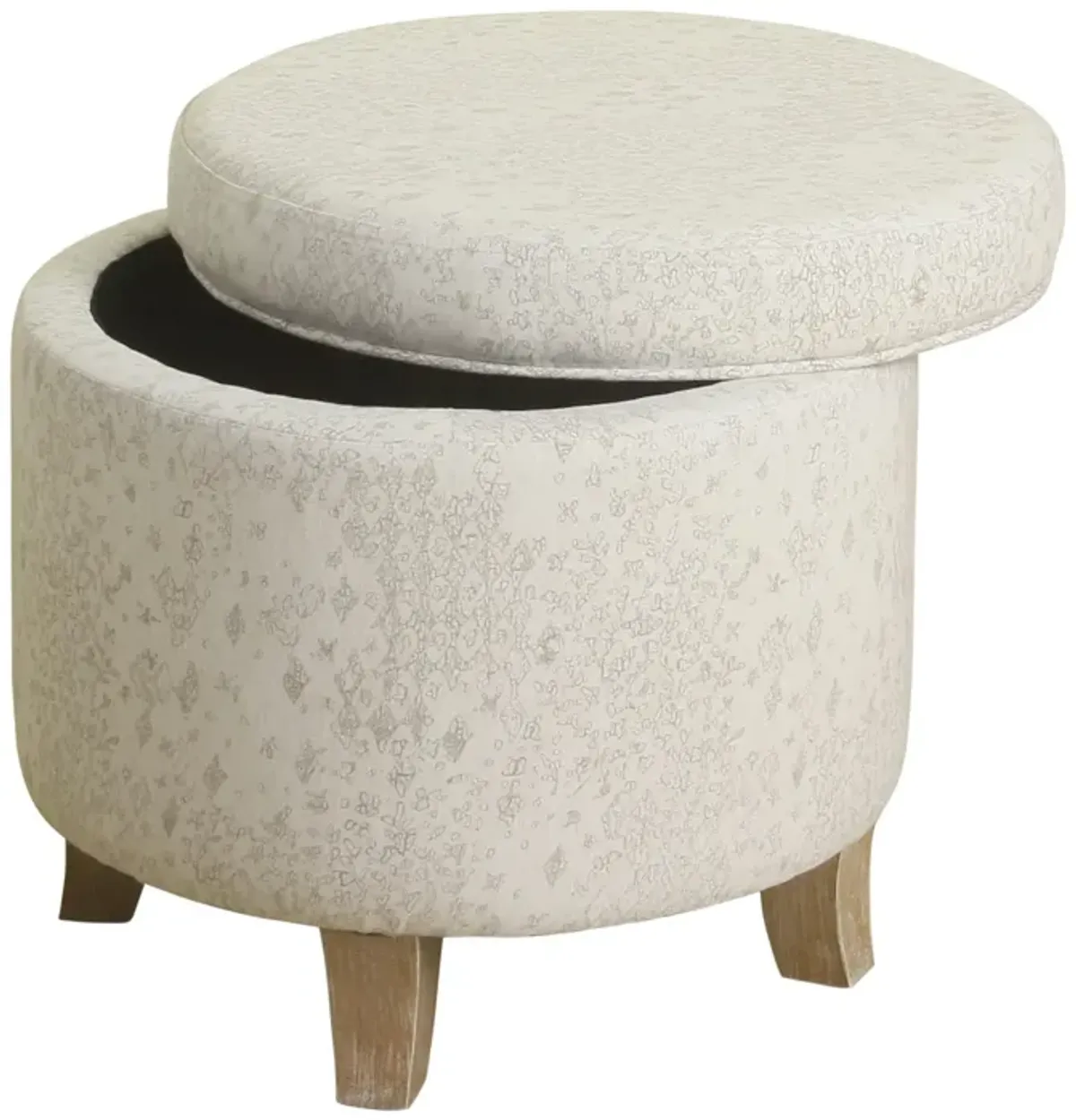 Fabric Upholstered Round Wooden Ottoman with Lift Off Lid Storage, Gray and Brown - Benzara