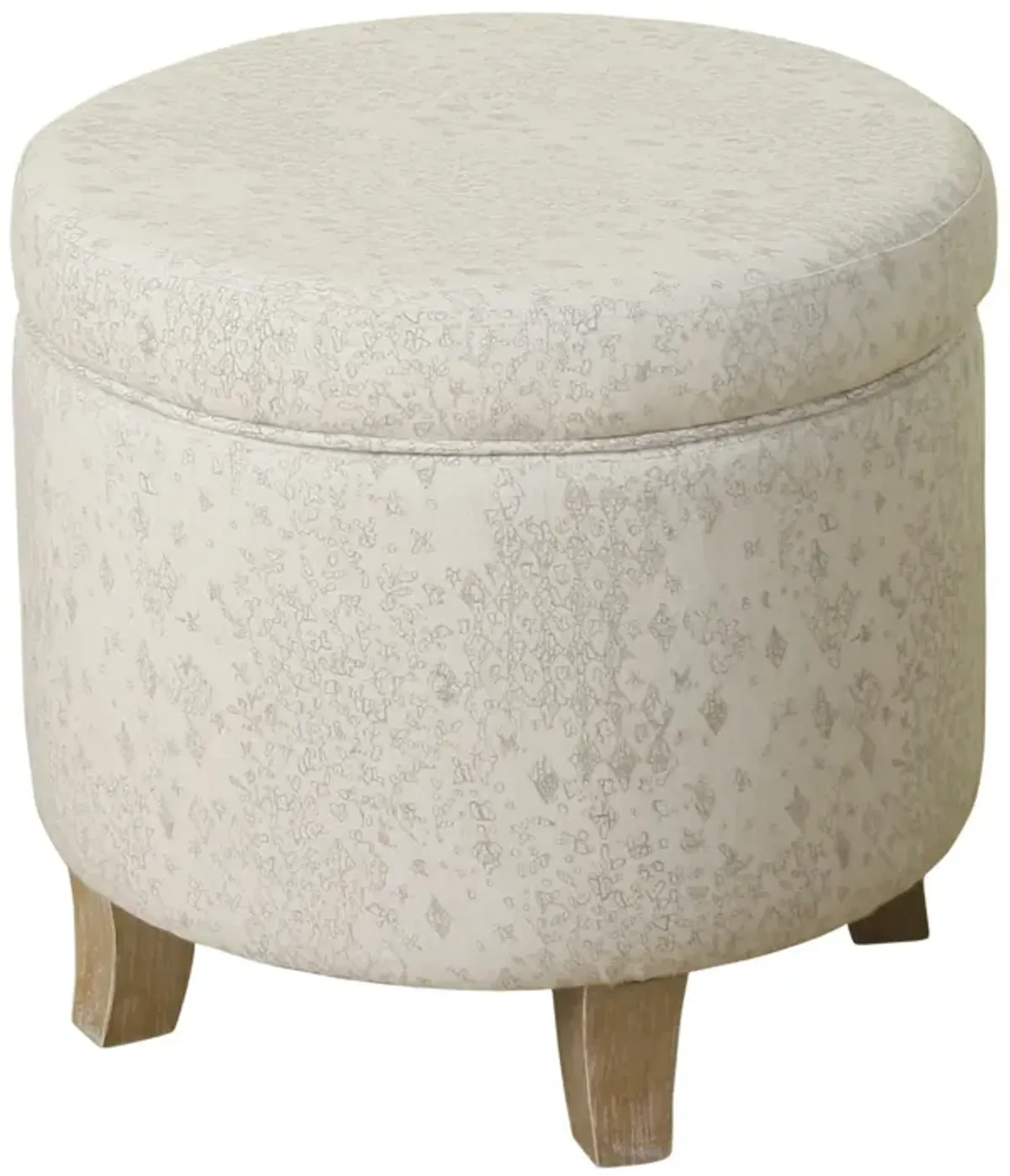 Fabric Upholstered Round Wooden Ottoman with Lift Off Lid Storage, Gray and Brown - Benzara