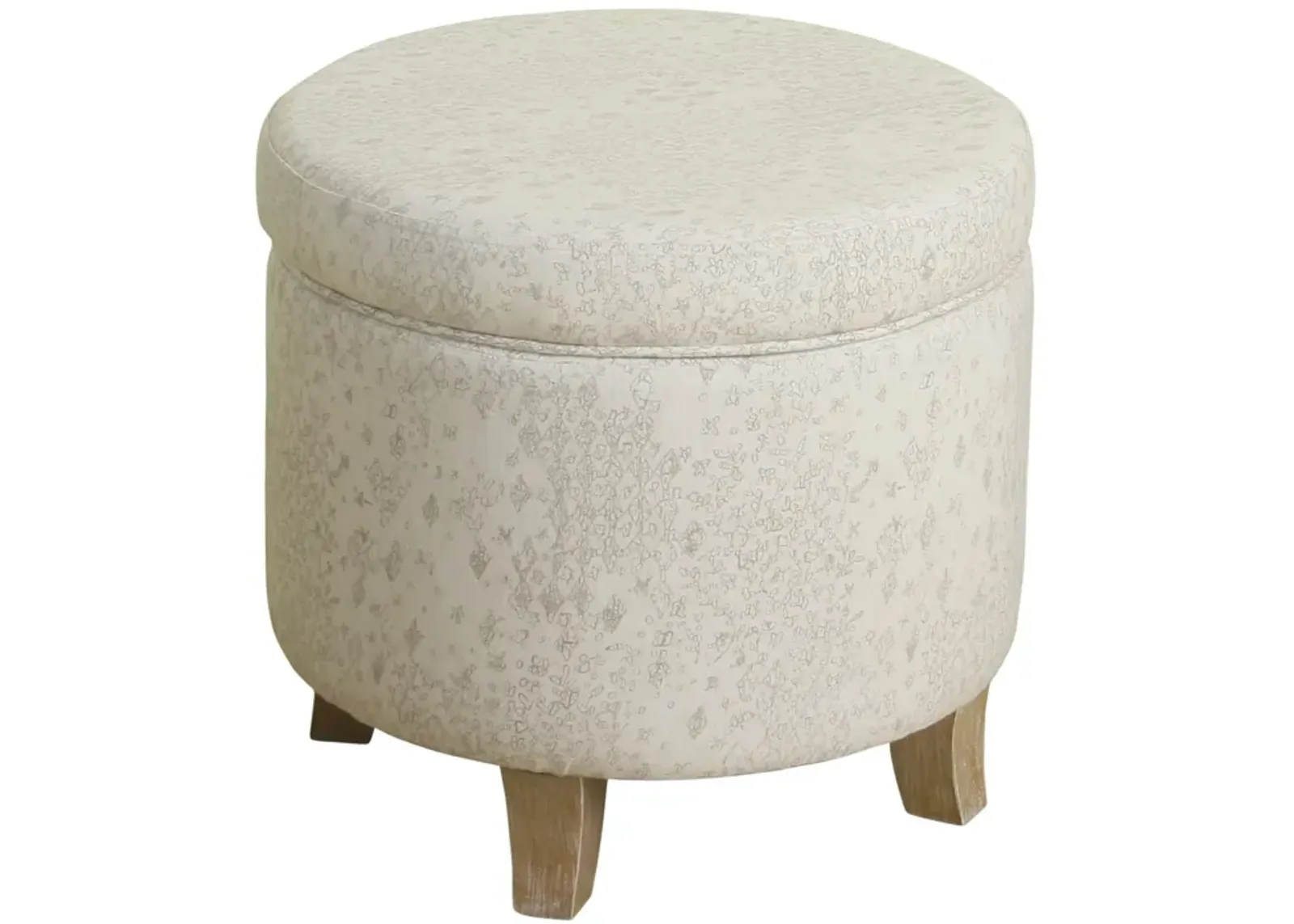 Fabric Upholstered Round Wooden Ottoman with Lift Off Lid Storage, Gray and Brown - Benzara